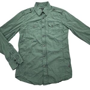 G-Star RAW 3301 Shirt Mens Small Green Full Zip Button Front Epaulet Military